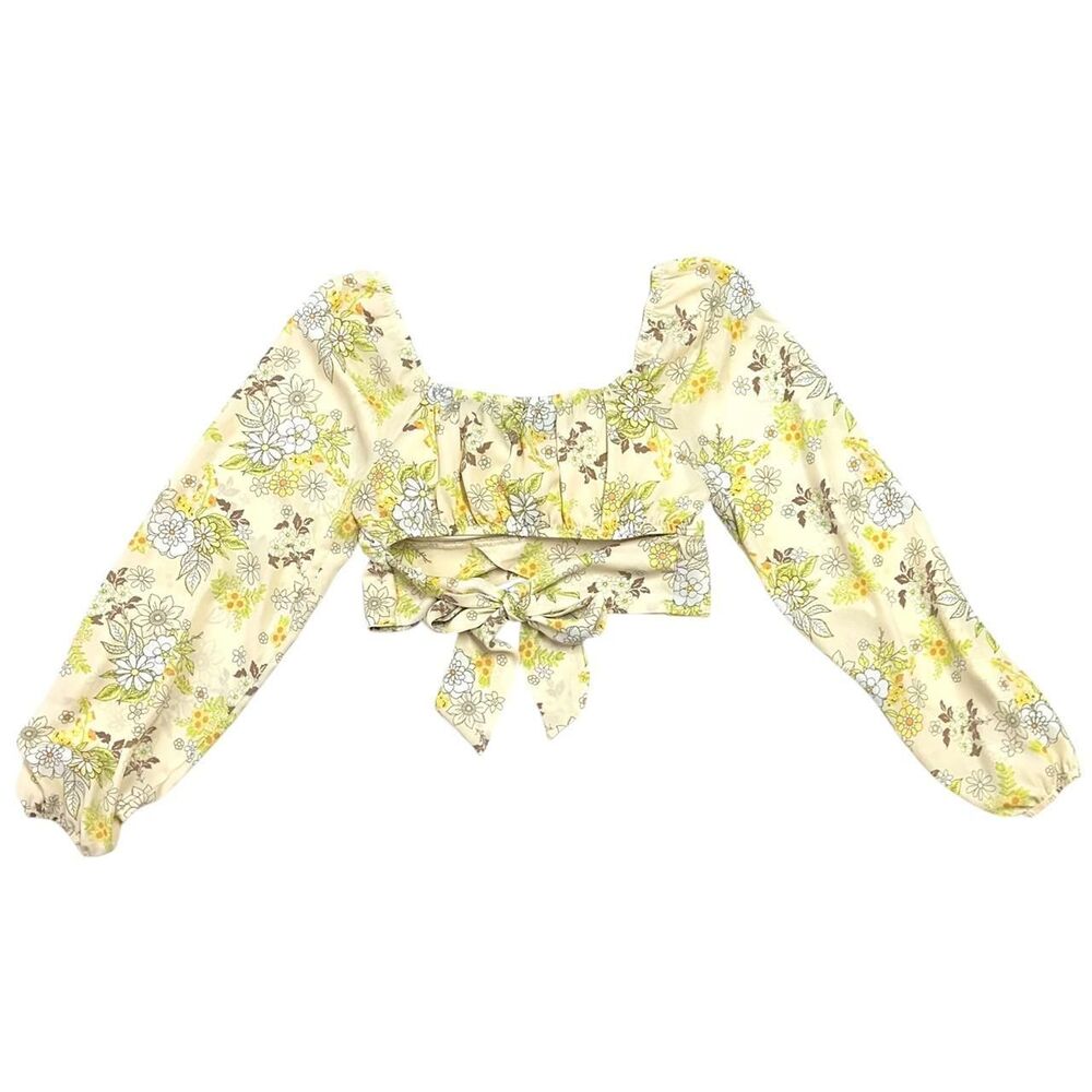 Madden NYC Cream Yellow Floral Retro Crop Top Tie Back‎ Balloon Sleeves Sz M 70s